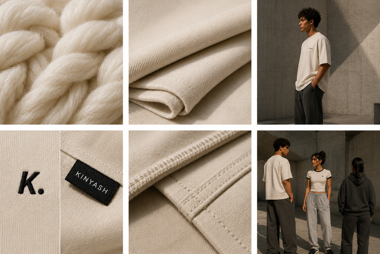 KINYASH fabric, stitching, branding, and campaign details